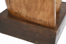 Paul de Ghellinck's wooden sculpture detailed view of signature and date on base