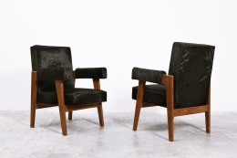 Le Corbusier, Pierre Jeanneret &amp; Jeet Lal Malhotra's &quot;Advocate and Press&quot; pair of armchairs, diagonal front and back view