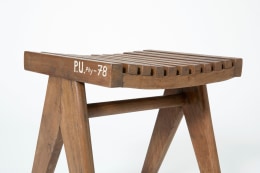 Pierre Jeanneret's pair of stools, close up view of single stool