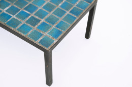 French 1960's blue ceramic coffee table close up view of tiles and metal frame