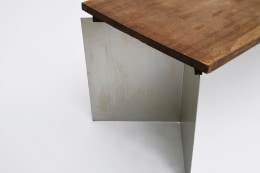 Jean Paul Barray's &quot;Hommage &agrave; Le Corbusier - Chandigarh&quot; table detail of wooden top and leg