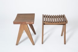 Pierre Jeanneret's pair of stools, full side and front view of both stools