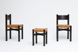 Charlotte Perriand's set of 4 &quot;Meribel&quot; chairs, side and front view with one Perriand stool