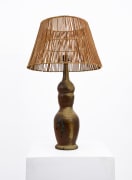 La Borne's ceramic table lamp, full view with rattan lamp shade