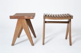 Pierre Jeanneret's pair of stools, full side and front views of both stools from eye-level