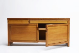 Pierre Chapo's &quot;R08&quot; sideboard straight view with left door open and right drawer open