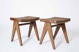 Pierre Jeanneret's pair of stools, full diagonal views of both stools
