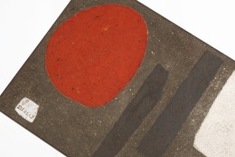 Pierre and Vera Székely's ceramic coffee table, detailed view of one side of table with signature on corner