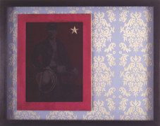 Leatherman in red frame against purple tapestry, all in black frame.