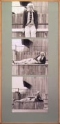 A vertical triptych of artist David Hockney and curator Henry Geldzahler sitting outside together in a wooden frame with a light green mat.