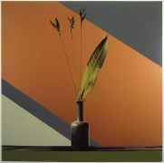 Flower in a vase against a geometric background.