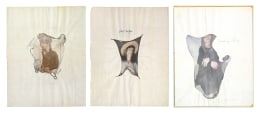 A triptych of David Croland, Patti Smith, and Sandy Daley. The photographic print of each person is distorted against their white paper backgrounds.