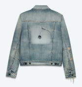 Distressed denim jacket with a photograph of a tulip with a long stem on the back.