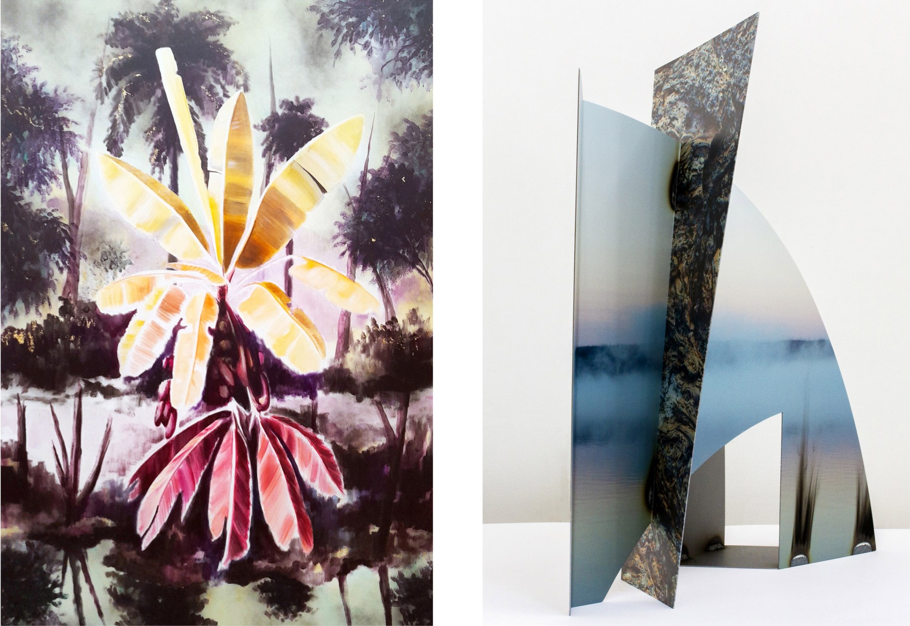 two side by two artworks. on the left painting of large yellow and ochre palm tree leaves in front of a dark and stormy tropical background in which palm trees are reflected over a body of water. on the right, a sculpture composed on interlocking, geometric steel sheets printed with digital images of lava and a sunrise.  