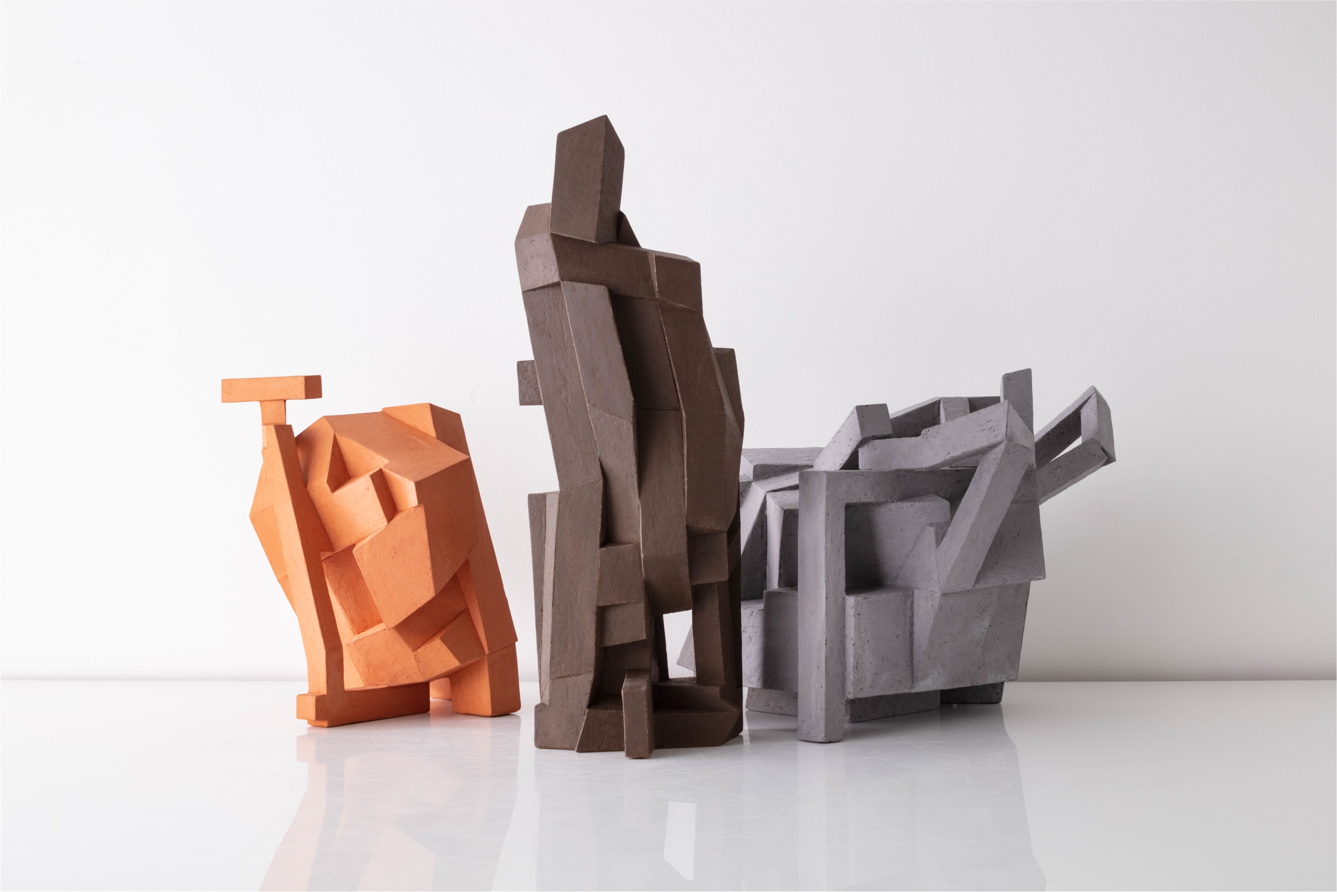 Karen Bennicke,&nbsp;(Danish, b.1943). Sculptures from Spatial Collage series, 2020.&nbsp;24.5&quot; H x 11&quot; W.&nbsp;Terracotta. Photo Joe Kramm