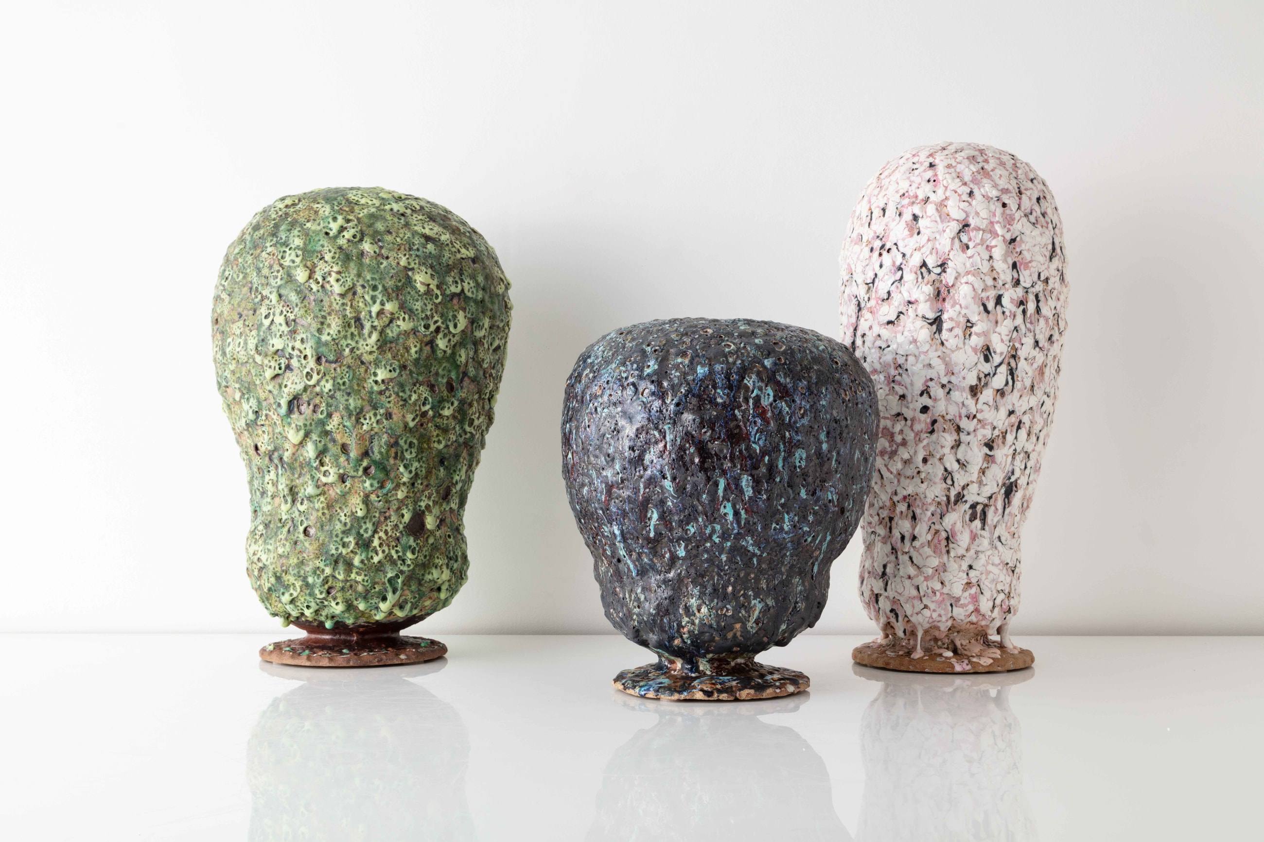 Morten L&oslash;bner Espersen,&nbsp;(Danish, b.1965). Sculptures from Magic Mushrooms series, 2021. Dimensions vary: 15.75&quot; - 23.5&quot; H. Stoneware and glaze. Photo Joe Kramm
