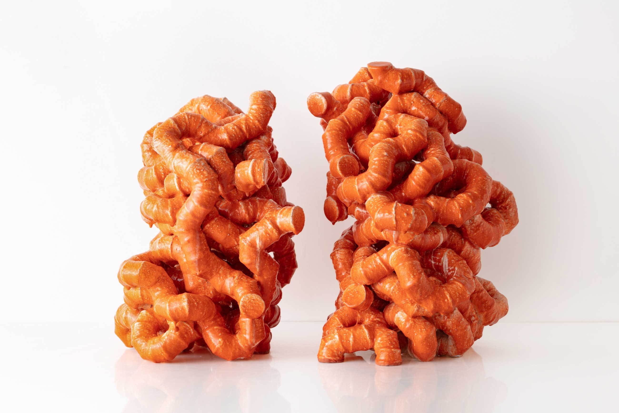 Martin Bodilsen Kaldahl, (Danish, b.1954).&nbsp;Orange Accumulation - Spatial Drawing #62&nbsp;(2-part sculpture), 2020.&nbsp;30.25&quot; H x 36.25&quot; L x 23.25&quot; D.&nbsp;Glazed stoneware, hand-built. Photo Joe Kramm