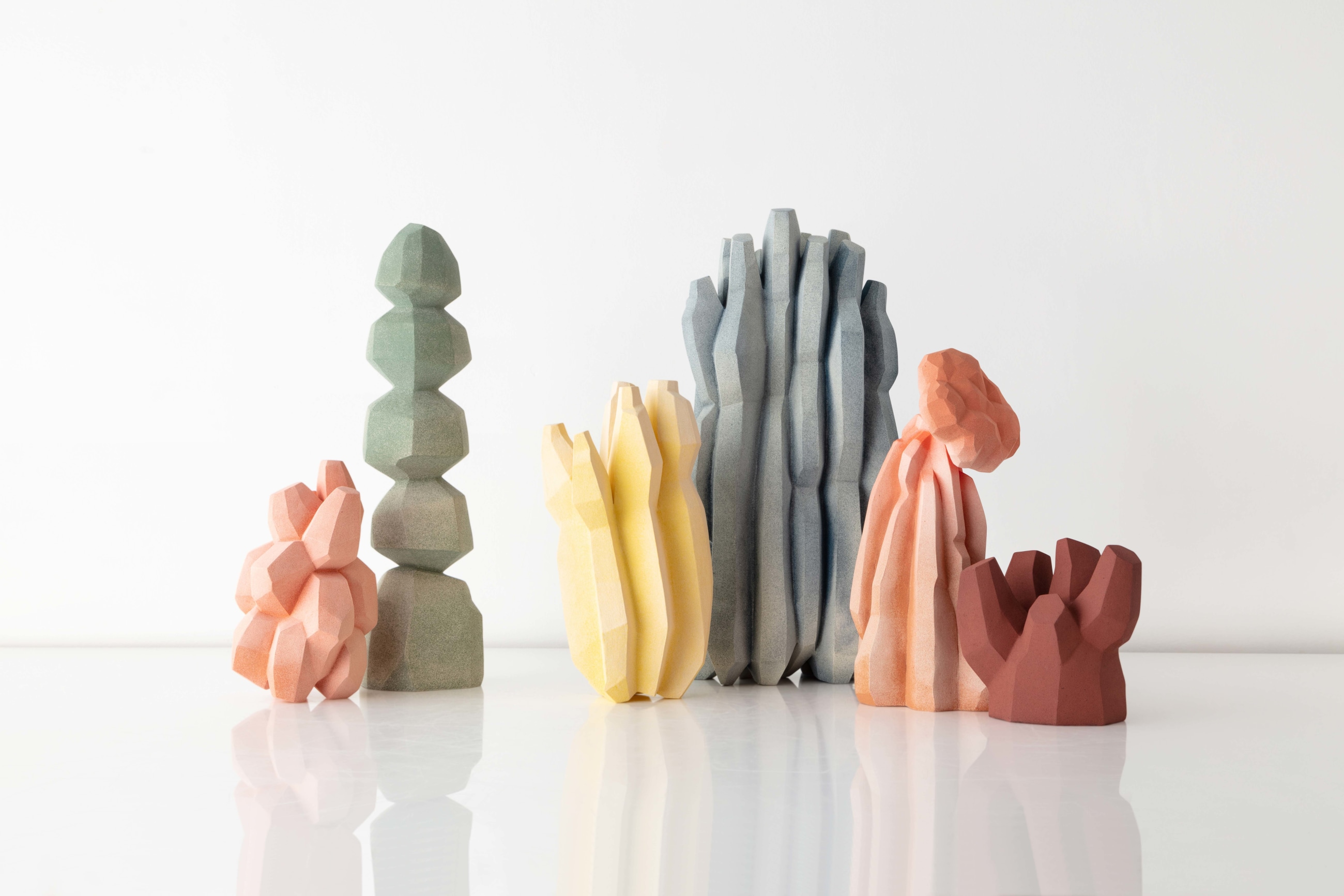 Turi Heisselberg Pedersen, (Danish, b.1965).&nbsp;Objects for a Dreamscape, 2021. Dimensions vary: 6.75&quot; - 20.5&quot; H.&nbsp;Hand-built stoneware with slip and glaze.&nbsp;Photo by Joe Kramm