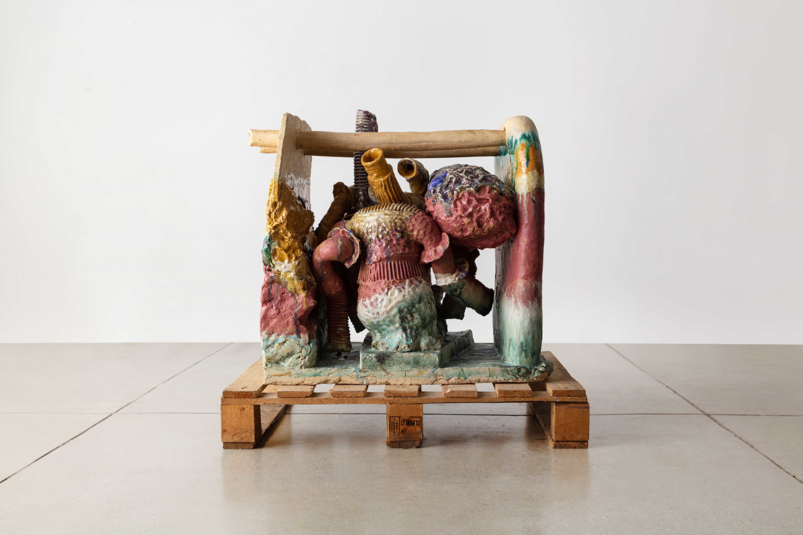 Pernille Pontoppidan Pedersen,&nbsp;(Danish, b.1987).&nbsp;Making Has Kin in It,&nbsp;2021.30.75&quot; H x 31.5&quot; W x 23.75&quot; D.&nbsp;Glazed stoneware and pallet.&nbsp;Photo by Joe Kramm
