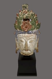 Chinese Carved Wood Head of a Bodhisattva