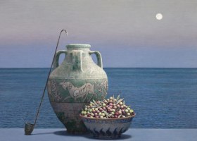 Guillermo Muñoz Vera, Olives of the Mediterranean, 2020, oil on canvas mounted on panel, 31 1/2 x 39 3/8 inches