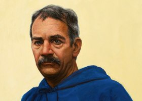 Gregory Gillespie Self-Portrait in Blue Hooded Sweatshirt, 1993 oil and alkyd on board 26 x 22 1/2 inches