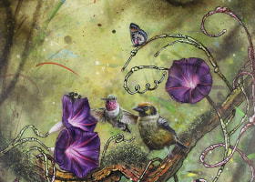 Nathaniel Aric Galka "The gang is with you...", 2020 oil, gold leaf, ink and cold wax on marble plastered jute wrapped panel 16 x 16 inches