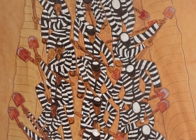 Winfred Rembert The Chain Gang in the Ditch, 2005 dye on carved and tooled leather 28 x 40 inches