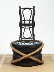 Reflections, 2021, bentwood chairs, tire, rope, mirrors, PVC flexible coupling with stainless steel clamps, and enamel paint