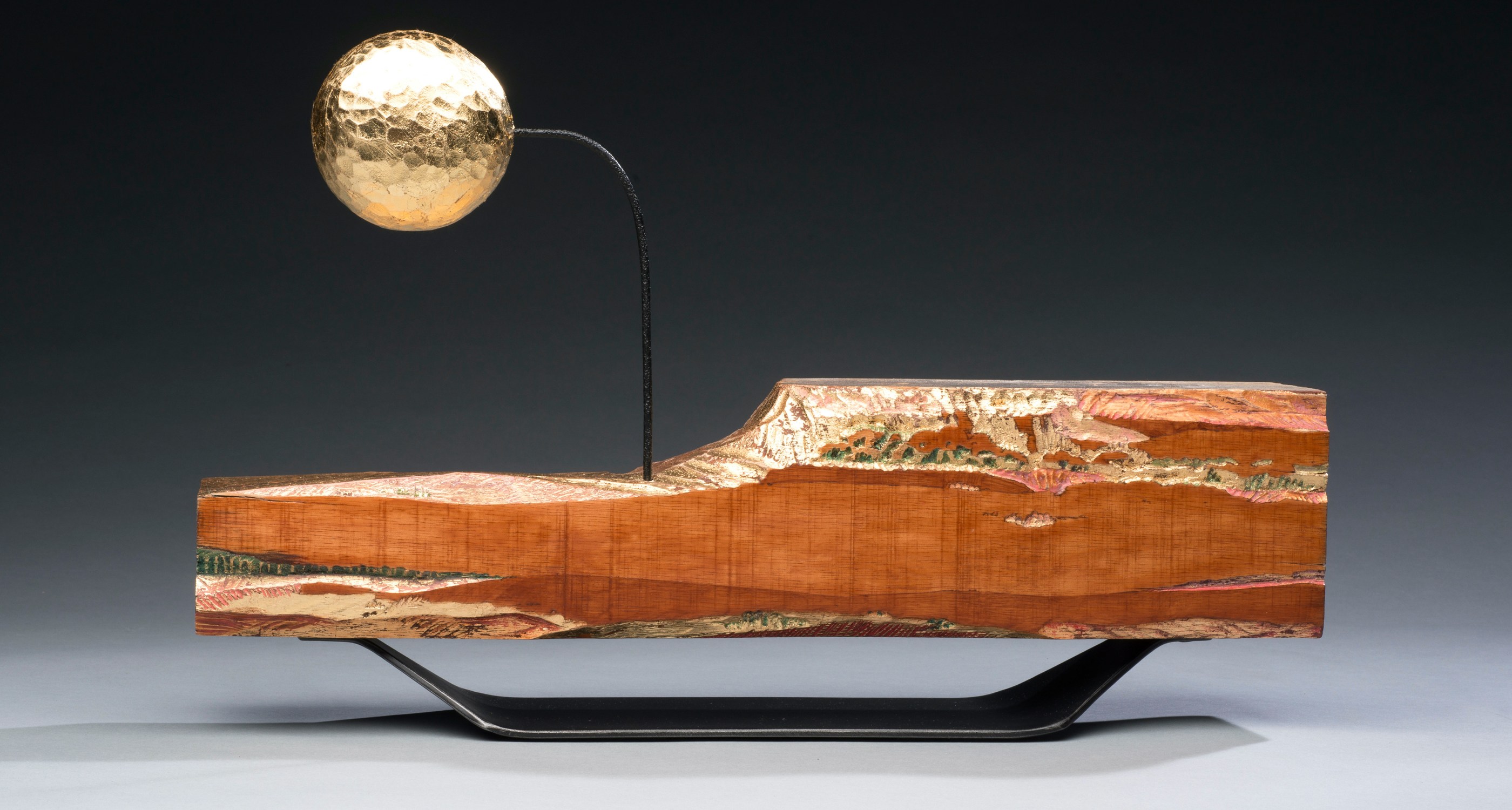 14. Sergio Tapia (b.1972) &quot;Sunset, Moonrise,&quot; carved and gilt bass wood with metal, 10 1/2 x 16 3/4 x 4 inches
