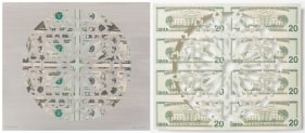 Abdullah M. I. Syed Divine Structure: Hexakaideca (Diptych) 2017 Hand-cut U.S. $20 banknote sheet and banknote collage with acrylic on wasli 10.25 x 24.5 in.