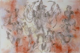 Sakti Burman GANAPATHY PLAYING THE FLUTE FOR DURGA 2008 Watercolor on paper 31.5 x 47 in.