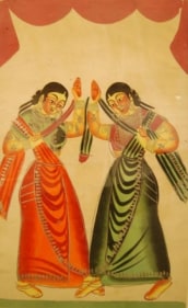 Kalighat Painting DANCING GIRLS ND Silver, opaque and transparent pigments on paper 17.5 x 10.5 in.
