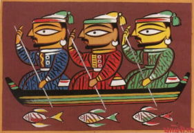 Jamini Roy Untitled (Three Boatmen) Gouache on card 13.5 x 20 in.