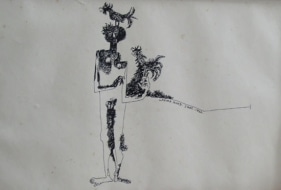 UNTITLED ( FIGURE WITH BIRD ON HEAD AND HAND ) Ink on board 7 x 11 in.