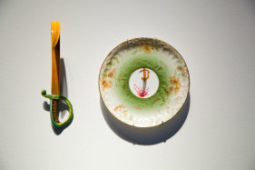 Adeela Suleman THANK YOU FOR YOUR SERVICE 3 2014 Found porcelain plate with enamel paint and hand-painted dagger Plate: 5 x 5 in. / Dagger: 6 x 2 x 4 in.
