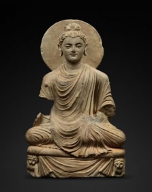 Seated Buddha with Lions Ancient Region of Gandhara Grey schist 2nd/3rd Century 18.75 in.