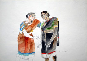 K. Laxma Goud TWO WOMEN, HAND ON SHOULDER Watercolor on paper 10.5 X 14.5 in.