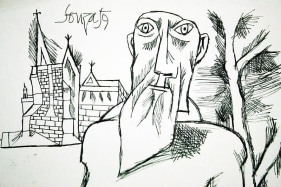 F. N. Souza UNTITLED (WISEMAN IN FRONT OF CHURCH) 1959 Graphite on archival paper 8 x 13 in.