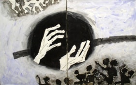 M.F. Husain UNTITLED DIPTYCH (MOTHER TERESA/CHILD/HANDS) 1980 Oil on canvas 30 x 48 in.  SOLD