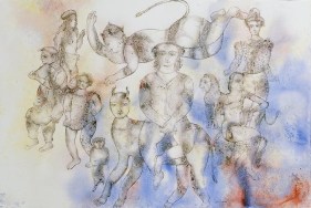 Sakti Burman HANUMAN FLYING IN THE ENCHANTED WORLD OF COMEDIANS 2008 Watercolor on paper 31.5 x 47 in.