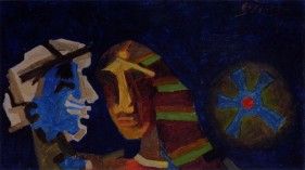 M. F. Husain UNTITLED (HEADS - BLUE) 1970 Oil on canvas 19 x 34 in.