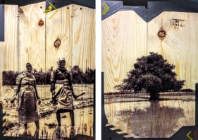 Arunkumar H.G. Vulnerable Guardians Series (Pair 8) 2018 Digital print, floor paint and clear coat on reclaimed wood 20 x 14 in. (Each)
