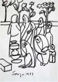 F N Souza UNTITLED (PEOPLE GATHERING) 1983 Ink on paper 11 x 8.5 in.