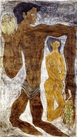 Sadequain ADAM AND EVE 1979 Oil on canvas 51.5 x 29 in.