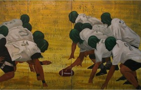 G.R. Iranna PLAYING WITH THE WHITE BALL (RUGBY) (DIPTYCH) 2007 Acrylic on tarpaulin 66 x 104 in.  SOLD