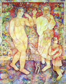 Sakti Burman ARTIST DANCING IN FRONT OF HIS LOVER 2007 Oil on canvas 45.5 x 34.5 in.