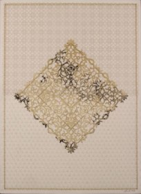 Anila Quayyum Agha  Antique Lace - 4  2016  Mixed media on paper (Laser-cut patterns on paper with mylar, encaustic and embroidery)  30 x 22 in.