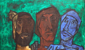 M.F. Husain UNTITLED (HEADS - GREEN) 1957 Oil on canvas 20 x 33 in.