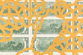 Abdullah M. I. Syed Mapping Investment: Pakistan (Detail 1) 2017 Hand-cut U.S. $2 banknote sheet and banknote collage with acrylic on wasli 20.25 x 50.25 in.